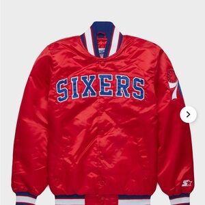 STARTER Red Satin SIXERS Varsity Jacket with Blue & White Trim